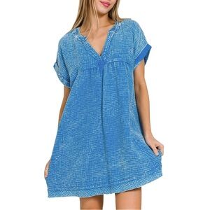 307. Women's Blue Acid Wash Gauze V-Neck Dress w/ Pockets NEW